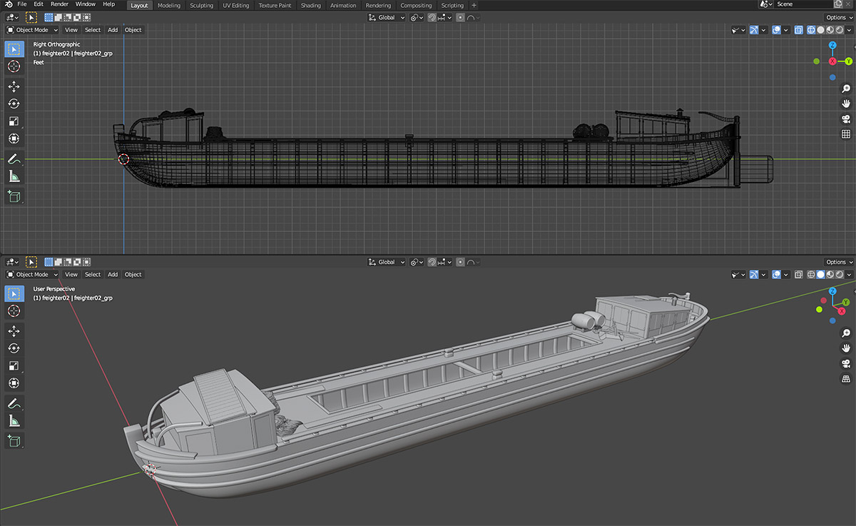 View of freighter model in Blender