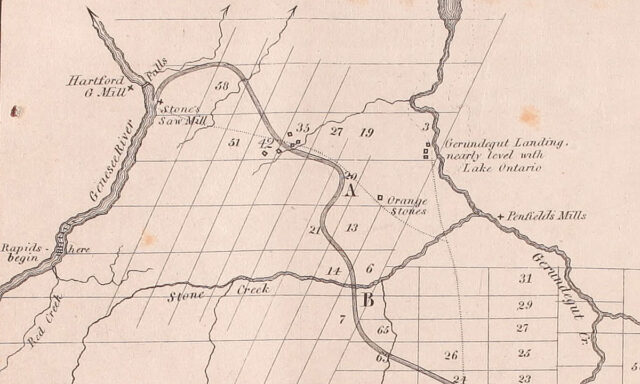 James Geddes survey map shows proposed route of Erie Canal from Penfield to the Genesee River.