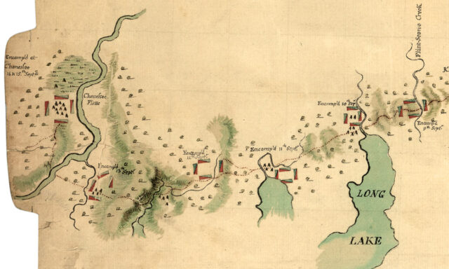 Map shows the route of the Sullivan Expedition of 1779 and its encampment near present-day Geneseo, New York.