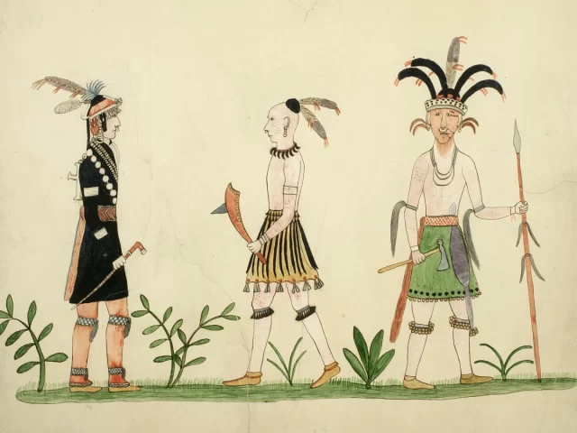David Cusick painting of three Indians wearing diverse costumes