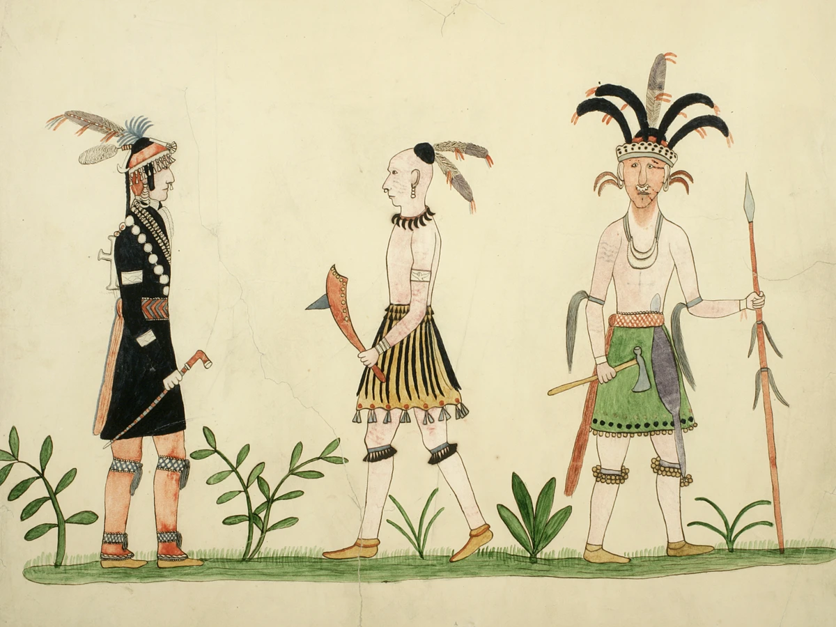 David Cusick painting of three Iroquois wearing diverse costumes
