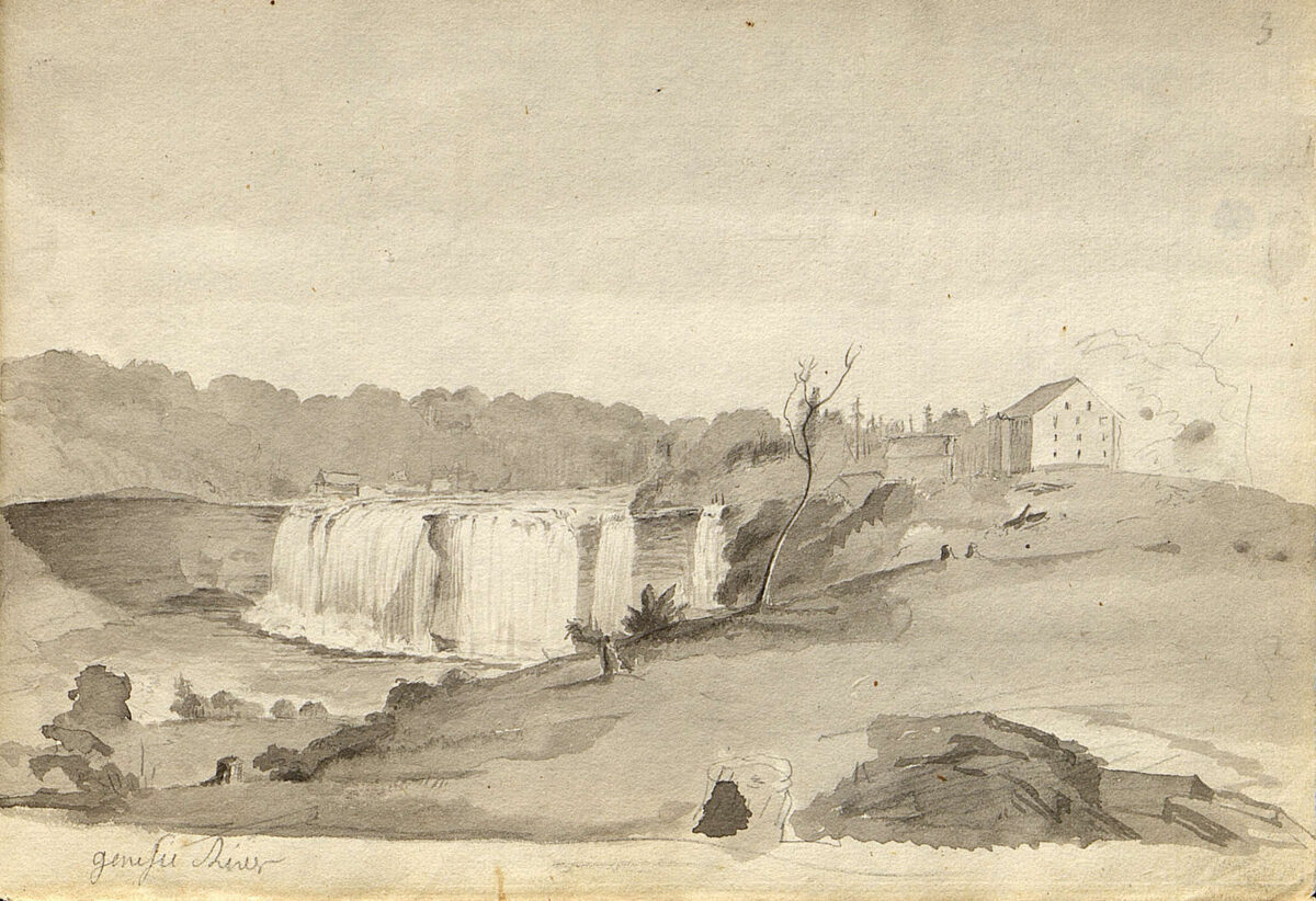 Drawing by French naturalist Charles Alexander Leseur of the High Falls of the Genesee at Rochester.