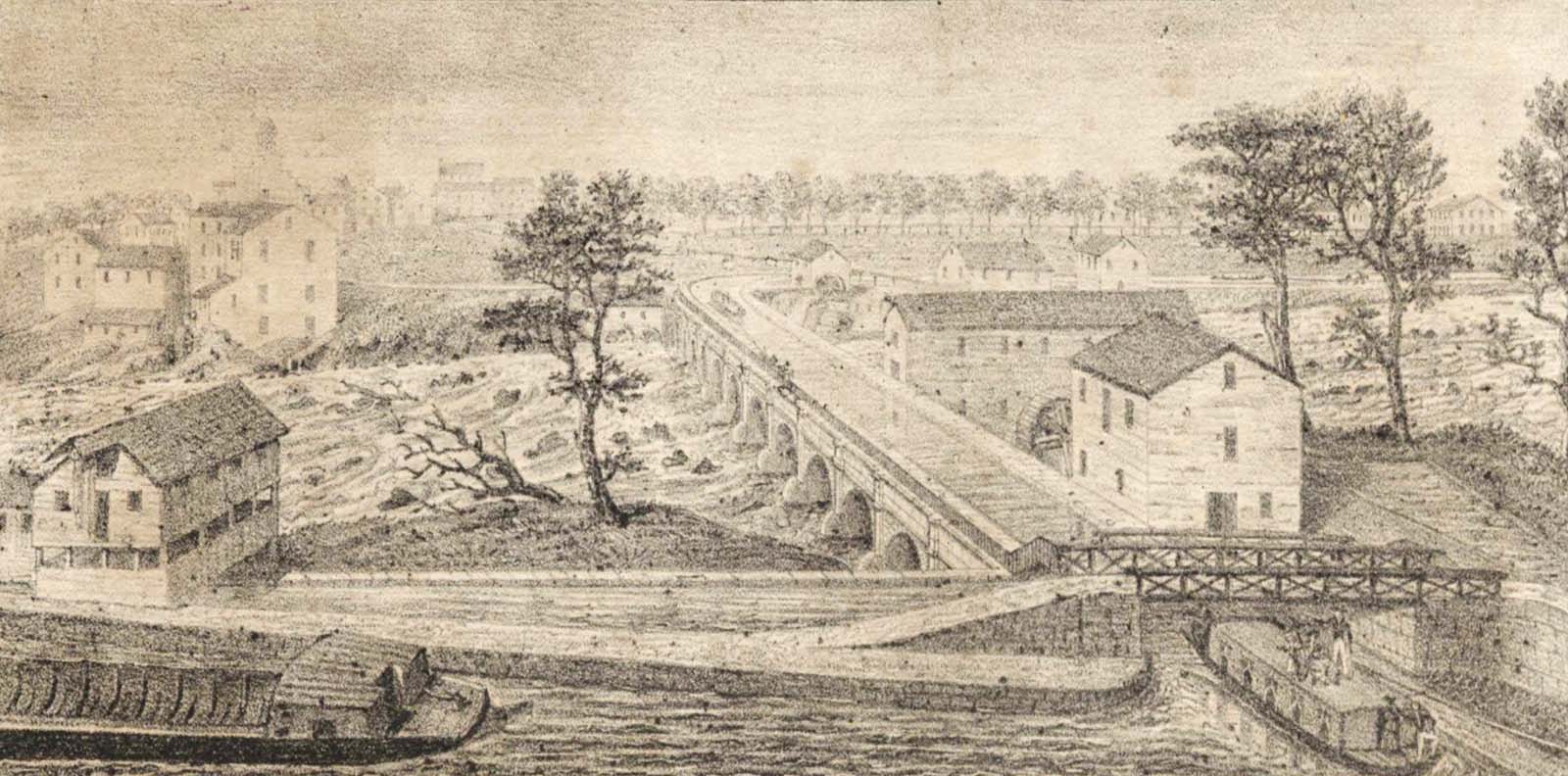 A German tourist by the name of A. Duttenhofer sketched Rochester's Erie Canal aqueduct in 1826. The view, apparently from an upper floor of one of the new buildings on Mill Street, looks east across the Genesee River. Jonathan Child's sawmill straddles the raceway at lower left, behind an empty canal boat tied up in Child's Basin. Gristmills and sawmills line the opposite bank, while others crowd the south wall of the aqueduct, right. Duttenhofer titled his drawing "Bruck-Canal uber den Fluss Genesee in Rochester" ("Bridge Canal over the Genesee River in Rochester"), and included it in his "Bereisung der Vereinigten Staaten von Nordamerika, mit besonderer Rücksicht auf den Erie-Canal" ("Tour of the United States of North America with Particular Regard to the Erie Canal"), published in Stuttgart in 1835. (New York State Library)