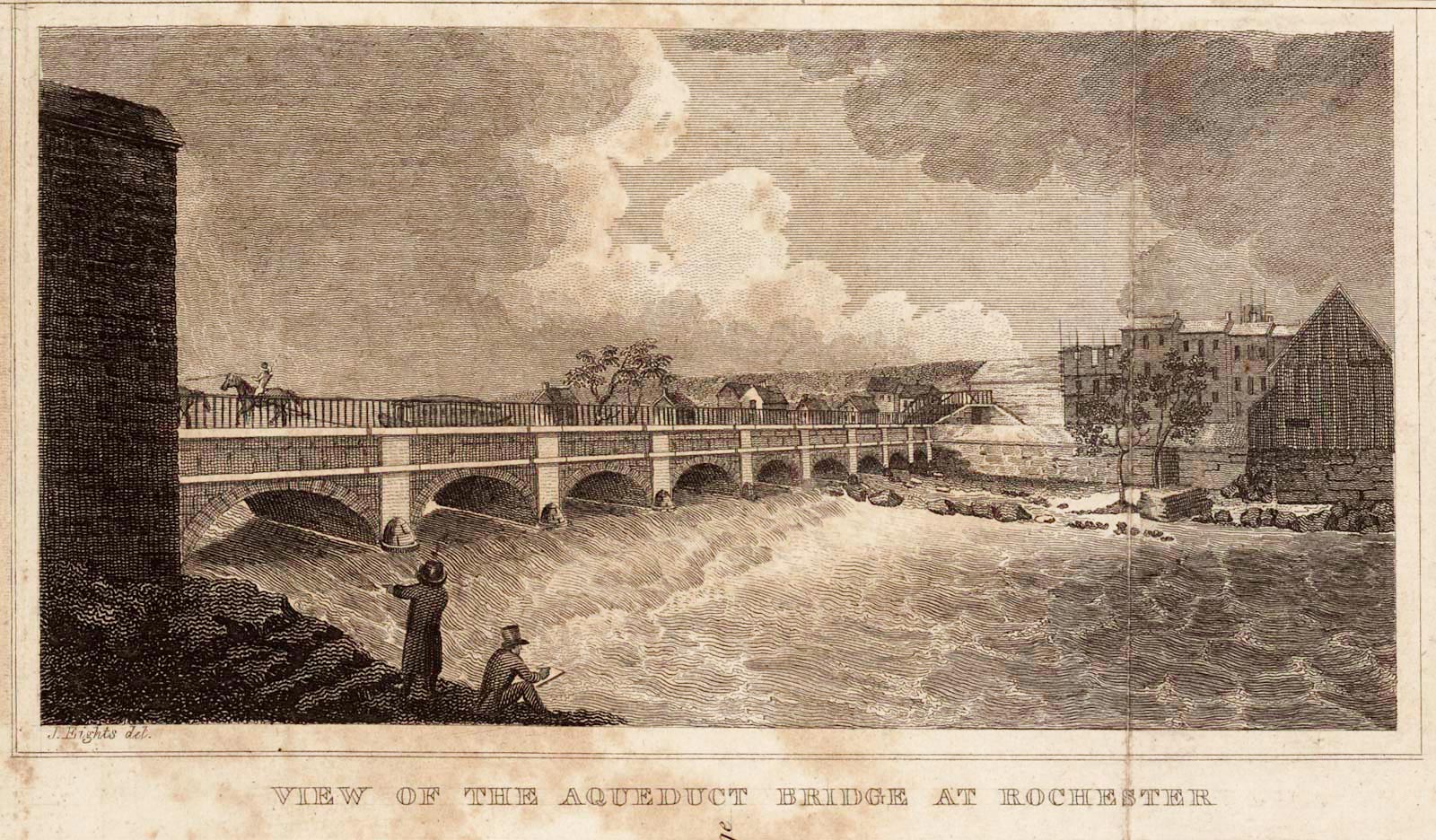 James Eights recorded this view of the "aqueduct bridge" over the Genesee River in Rochester, probably in 1825. A packet boat, drawn by a team of horses, passes over the aqueduct while the Genesee River cascades over one of the shelves of the Upper Falls below. The large stone building at the left is a brewery. Mills, warehouses, and residences crowd the west bank. The dome of the Monroe County Courthouse and spire of St. Luke's Episcopal church can be glimpsed to the left of the high gabled roof near the right side of the image. A scientist as well as a skilled draftsman, Eights provided this and other illustrations for Stephen van Rennselaer's "Geological and Agricultural Survey of the District Adjoining the Erie Canal in the State of New York." Though a publication date of 1824 is printed on the report's title page, the appearance of St. Luke's, completed in late 1825, indicates a later date for the image. (Library of Congress)