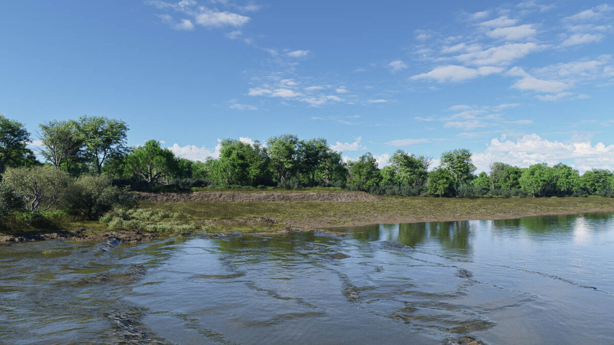 This reconstructed view of the Genesee River in 1804 uses the same vantage point as the photograph of downtown Rochester at the top of this post. The last shelf of the Upper Falls reaches across the river to the opposite bank, an alluvial slope that rises gradually to the base of the rocky ledge in the distance. There is a similar ledge on the near bank, but that one is right next to the river. Less than twenty years from now, engineers designing the Erie Canal will put the first Rochester aqueduct right here, where it can bridge the 800-foot gap between the two ledges. (Digital landscape by Steve Boerner)